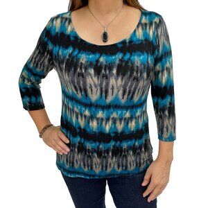 Shanley Womens S Blue Black Abstract Print High Low Blouse 3/4 Sleeve USA Casual